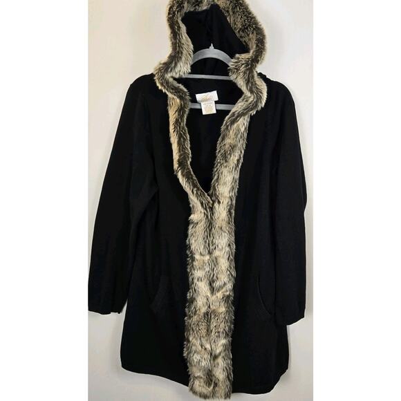 Black Faux Fur Hoodie Sweater Jacket Knit Cardigan PLUS 1X Clasp Closures Luxur - Picture 1 of 8